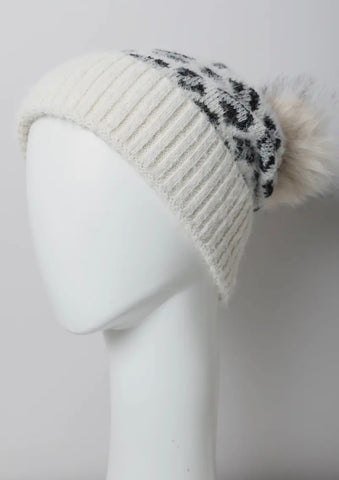 Leopard Knit Beanie with Pom