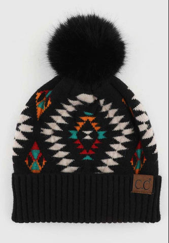 C.C. Soft Aztec Knit Beanie with Faux Fur Pom