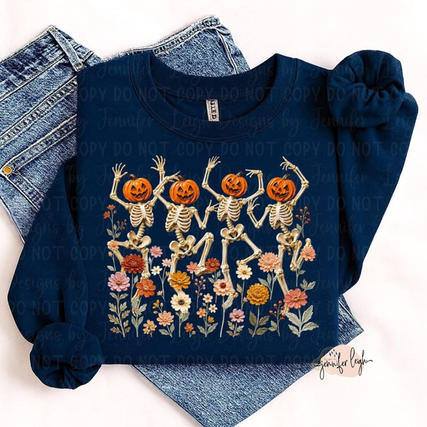 Dancing Pumpkin Skeletons Floral Halloween Tee or Crewneck